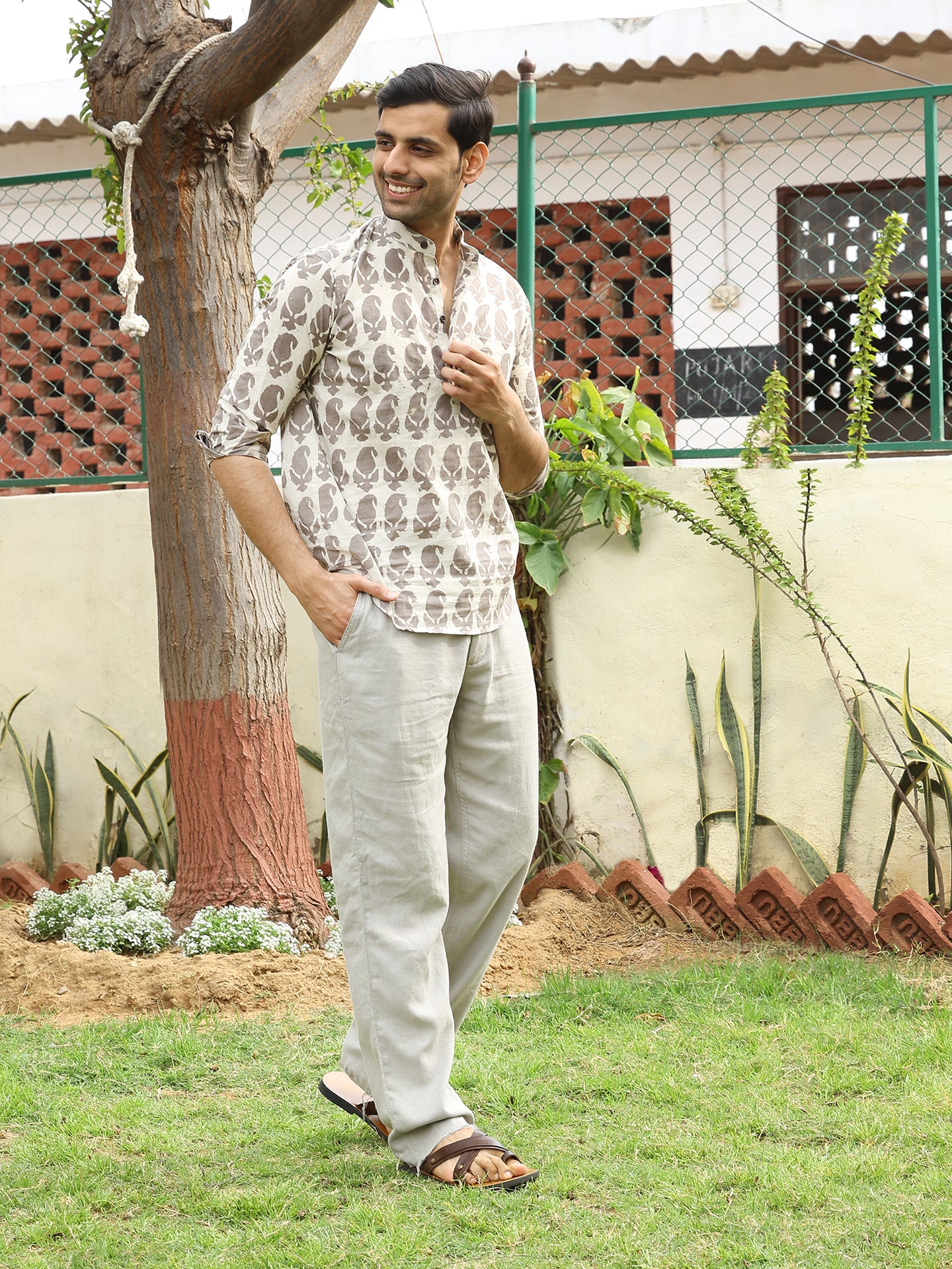 Hand Block Printed Mens Cotton Short Kurta Style Shirt (Beige)